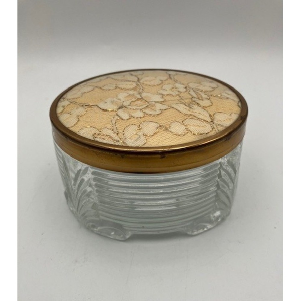 Footed‎ Glass Powder/Trinket Jar Lace Lid Vanity Decor Retro 1930's Style